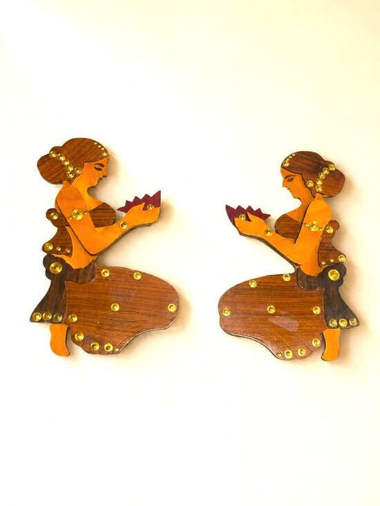 India Other - Set of 2 Handcrafted Wooden Asian Women Lotus Wall Decor Gold Accents